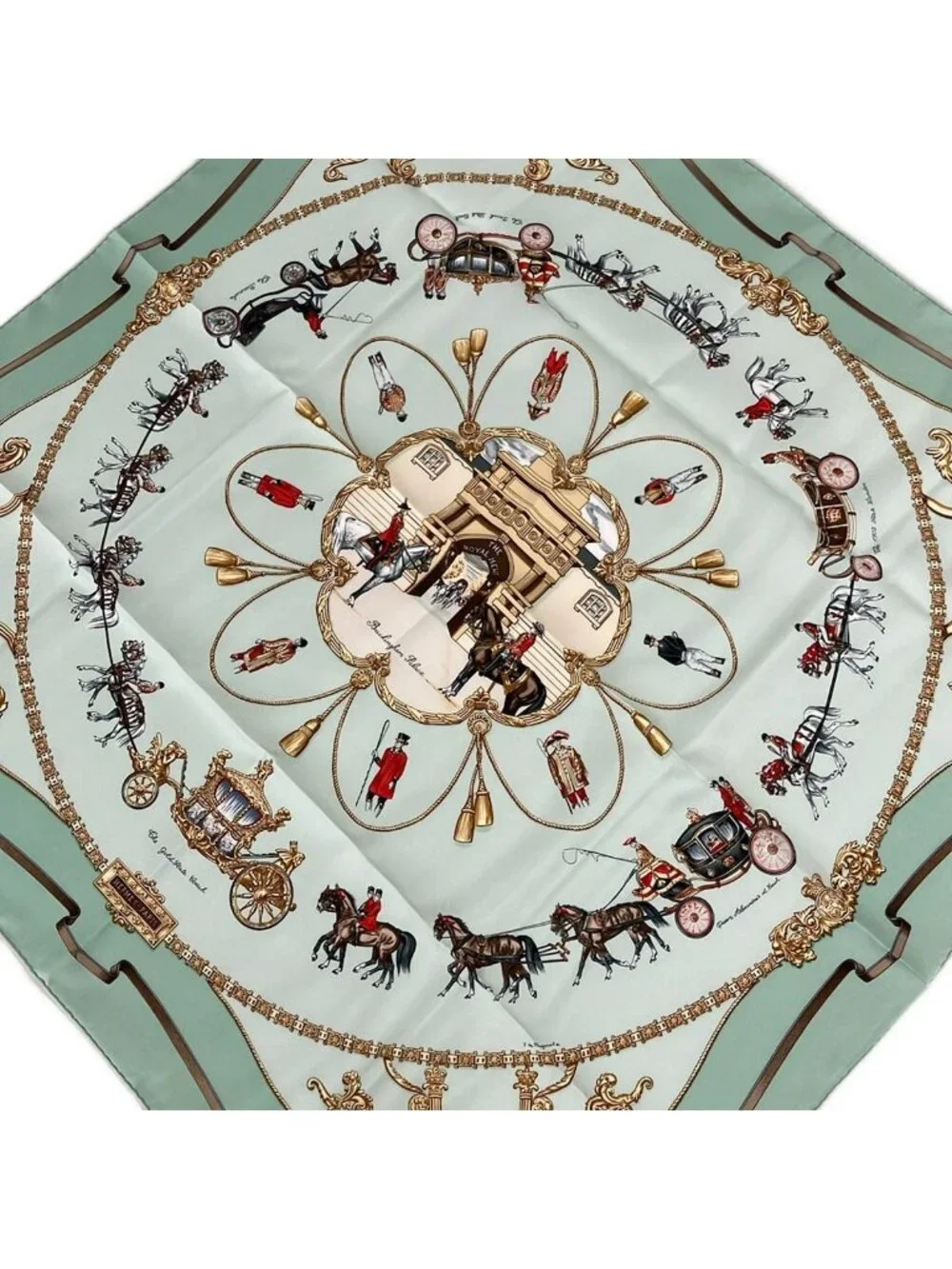 Hermes Scarf Carre 90 Light Green Gold Brown Red Multi the Royal Mews Silk